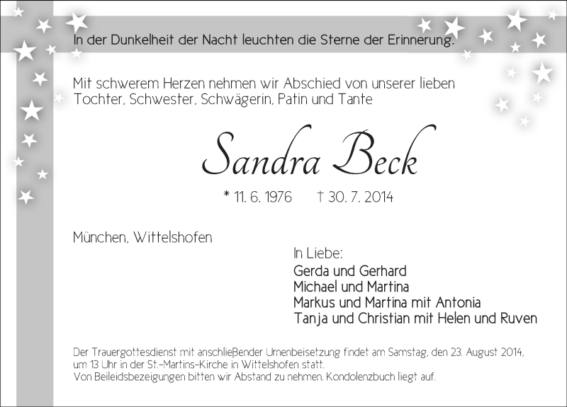  Traueranzeige für Sandra Beck vom 22.08.2014 aus Dinkelsbühl/ Feuchtwangen