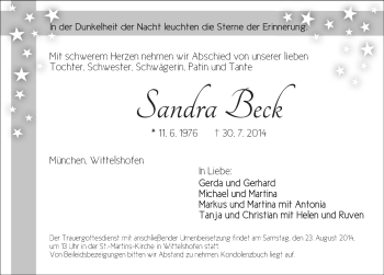 Traueranzeige von Sandra Beck von Dinkelsbühl/ Feuchtwangen