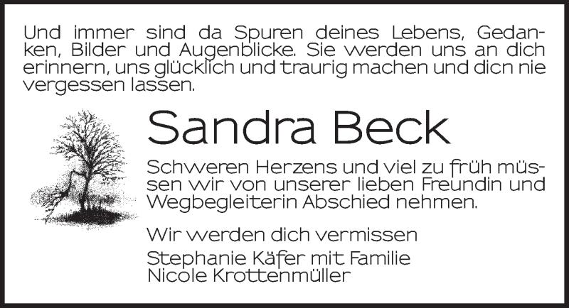  Traueranzeige für Sandra Beck vom 22.08.2014 aus Dinkelsbühl/ Feuchtwangen