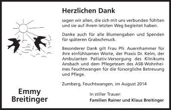 Traueranzeige von Emmy Breitinger von Dinkelsbühl/ Feuchtwangen