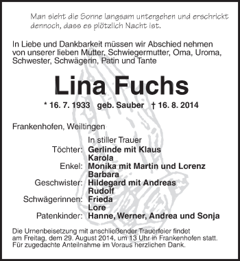 Traueranzeige von Lina Fuchs von Dinkelsbühl/ Feuchtwangen