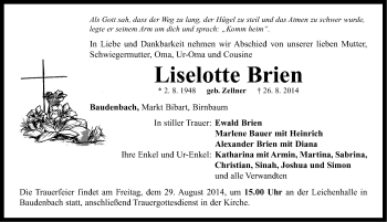 Traueranzeige von Liselotte Brien von Neustadt/ Scheinfeld/ Uffenheim
