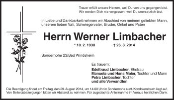 Traueranzeige von Werner Limbacher von Ansbach
