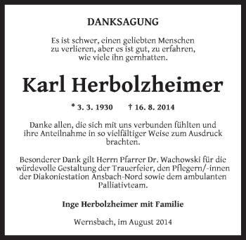 Traueranzeige von Karl Herbolzheimer von Ansbach