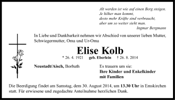 Traueranzeige von Elise Kolb von Neustadt/ Scheinfeld/ Uffenheim