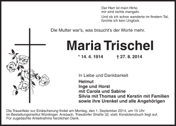 Traueranzeige von Maria Trischel von Ansbach