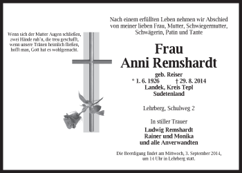 Traueranzeige von Anni Remshardt von Ansbach