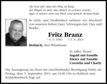 Traueranzeige von Fritz Branz von Neustadt/ Scheinfeld/ Uffenheim