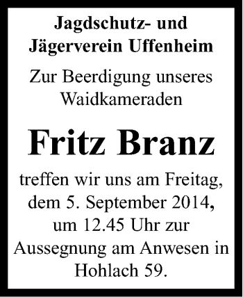 Traueranzeige von Fritz Branz von Neustadt/ Scheinfeld/ Uffenheim