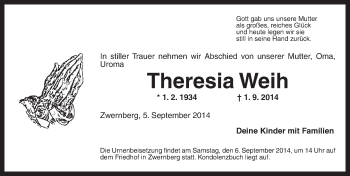 Traueranzeige von Theresia Weih von Dinkelsbühl/ Feuchtwangen