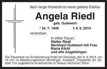 Traueranzeige von Angela Riedl von Ansbach