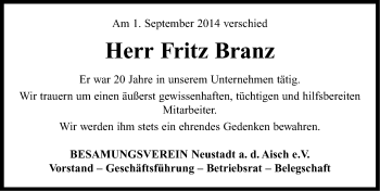 Traueranzeige von Fritz Branz von Neustadt/ Scheinfeld/ Uffenheim