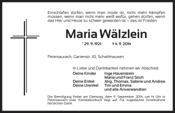 Traueranzeige von Maria Wälzlein von Ansbach