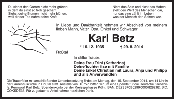 Traueranzeige von Karl Betz von Ansbach