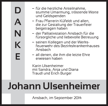 Traueranzeige von Johann Ulsenheimer von Ansbach