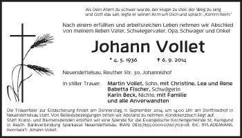 Traueranzeige von Johann Vollet von Ansbach