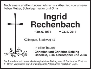 Traueranzeige von Ingrid Rechenbach von Ansbach