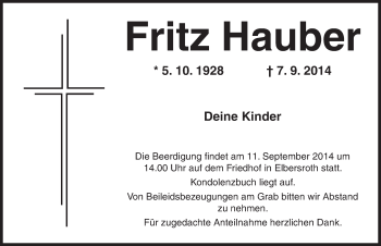 Traueranzeige von Fritz Hauber von Dinkelsbühl/ Feuchtwangen