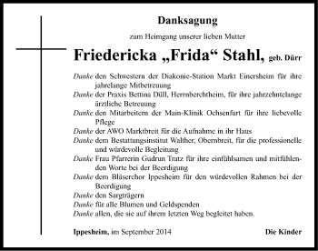 Traueranzeige von Friedericka Stahl von Neustadt/ Scheinfeld/ Uffenheim