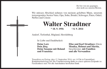 Traueranzeige von Walter Stradtner von Ansbach