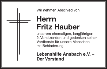 Traueranzeige von Fritz Hauber von Ansbach