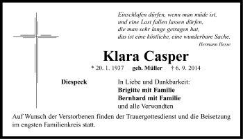 Traueranzeige von Klara Casper von Neustadt/ Scheinfeld/ Uffenheim