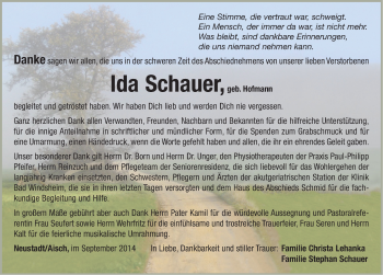 Traueranzeige von Ida Schauer von Neustadt/ Scheinfeld/ Uffenheim
