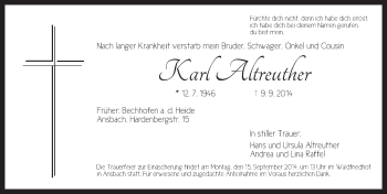 Traueranzeige von Karl Altreuther von Ansbach