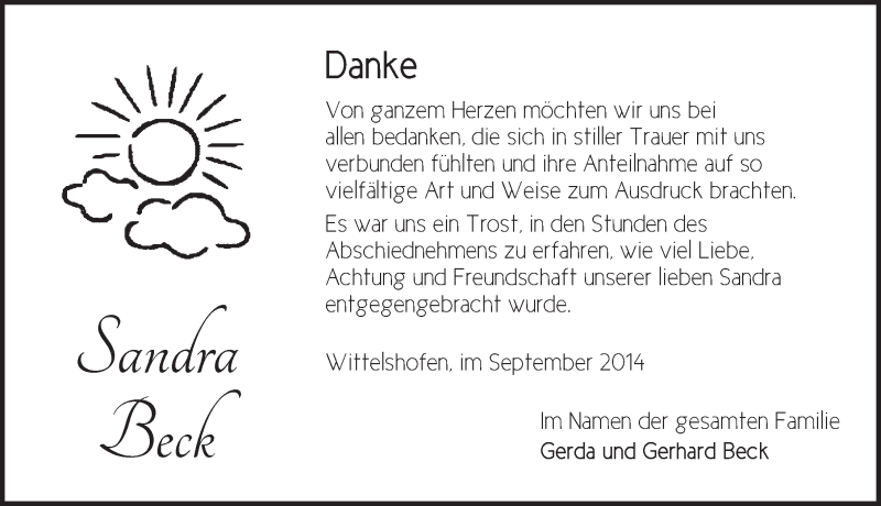 Traueranzeige für Sandra Beck vom 13.09.2014 aus Dinkelsbühl/ Feuchtwangen