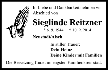 Traueranzeige von Sieglinde Reitzner von Neustadt/ Scheinfeld/ Uffenheim