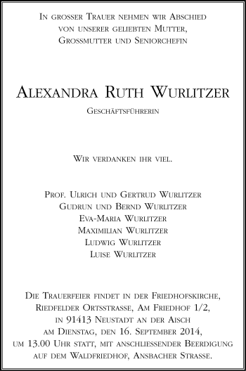 Traueranzeige von Alexandra Ruth Wurlitzer von Neustadt/ Scheinfeld/ Uffenheim