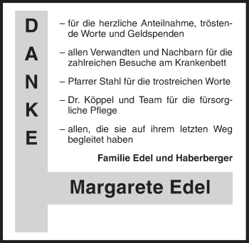 Traueranzeige von Margarete Edel von Ansbach