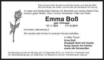 Traueranzeige von Emma Boß von Ansbach