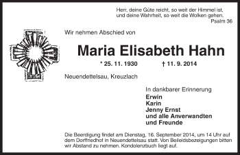 Traueranzeige von Maria Elisabeth Hahn von Ansbach