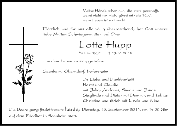 Traueranzeige von Lotte Hupp von Neustadt/ Scheinfeld/ Uffenheim