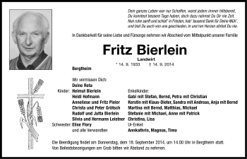 Traueranzeige von Fritz Bierlein von Neustadt/ Scheinfeld/ Uffenheim