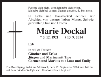 Traueranzeige von Marie Dockal von Ansbach