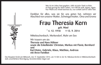 Traueranzeige von Theresia Kern von Ansbach