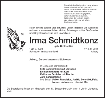 Traueranzeige von Irma Schmidtkonz von Ansbach