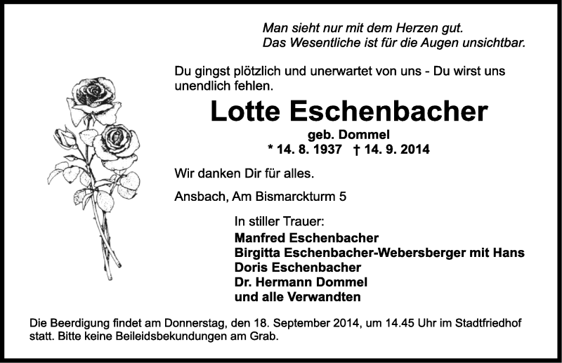  Traueranzeige für Lotte Eschenbacher vom 16.09.2014 aus Ansbach