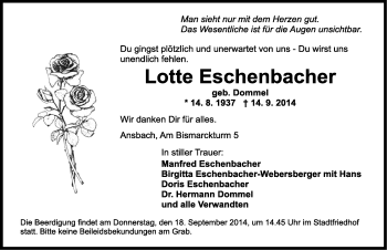 Traueranzeige von Lotte Eschenbacher von Ansbach