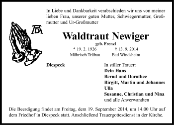 Traueranzeige von Waltraut Newiger von Neustadt/ Scheinfeld/ Uffenheim