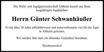 Traueranzeige von Günter Schwanhäußer von Neustadt/ Scheinfeld/ Uffenheim