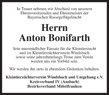 Traueranzeige von Anton Bonifarth von Ansbach