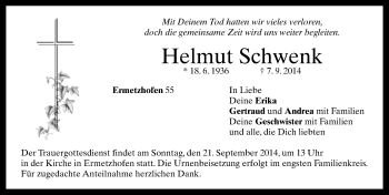 Traueranzeige von Helmut Schwenk von Neustadt/ Scheinfeld/ Uffenheim