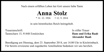 Traueranzeige von Anna Stolz von Neustadt/ Scheinfeld/ Uffenheim