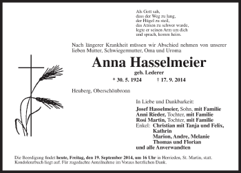 Traueranzeige von Anna Hasselmeier von Dinkelsbühl/ Feuchtwangen