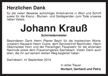 Traueranzeige von Johann Krauß von Dinkelsbühl/ Feuchtwangen