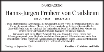 Traueranzeige von Hanns-Jürgen Freiherr von Crailsheim von Ansbach