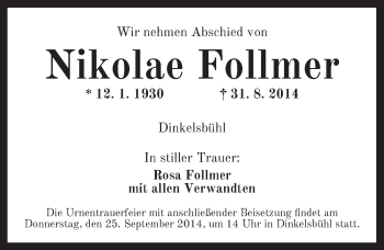 Traueranzeige von Nikolae Follmer von Dinkelsbühl/ Feuchtwangen